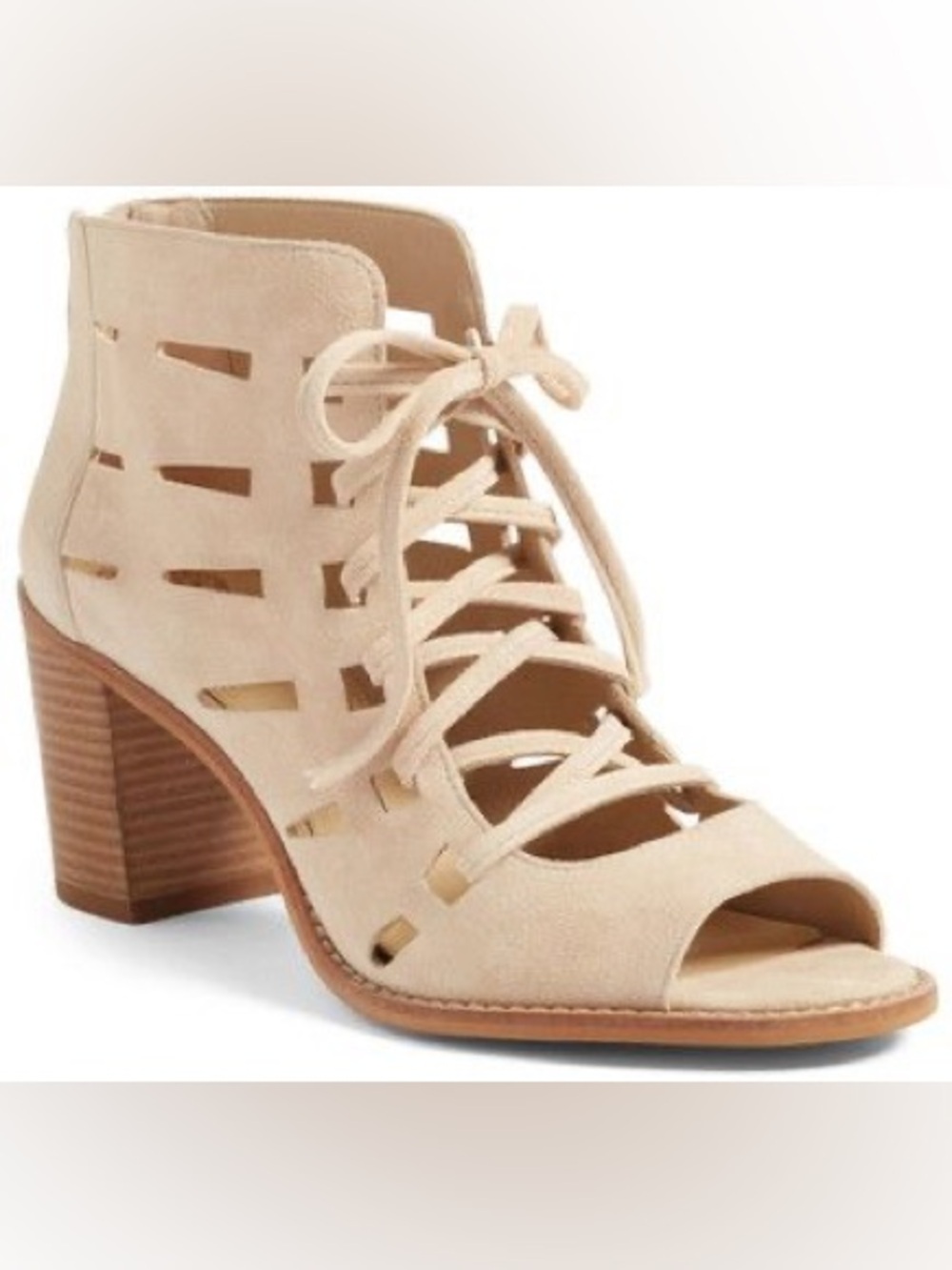 Vince Camuto Tressa Women’s Beige Lace-Up Cutout Block Heel Sandal